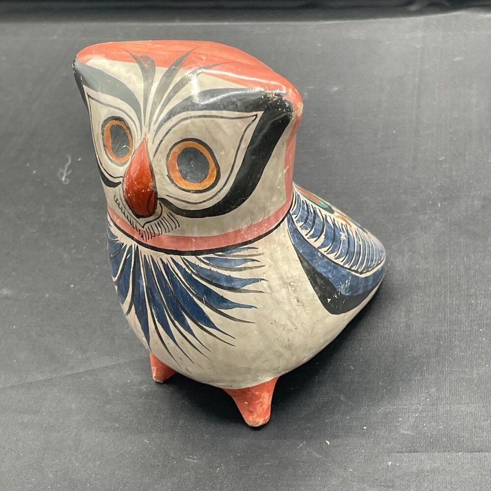 Vtg Tonala Mexican Folk Art Pottery Owl Figurine Hand Painted Folk Decor Mexico